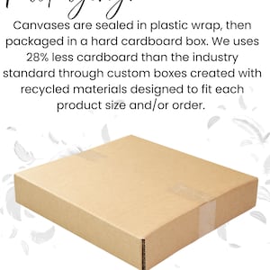 May include: A rectangular, light brown cardboard box, sealed with clear tape. The text "Packaging" is at the top, with details about the packaging process, including the use of recycled materials and custom box sizes.