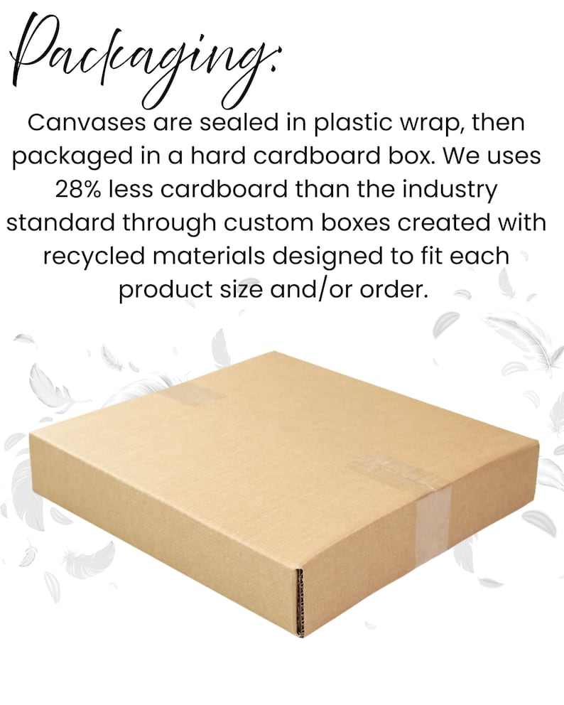 May include: A rectangular, light brown cardboard box, sealed with clear tape. The text "Packaging" is at the top, with details about the packaging process, including the use of recycled materials and custom box sizes.