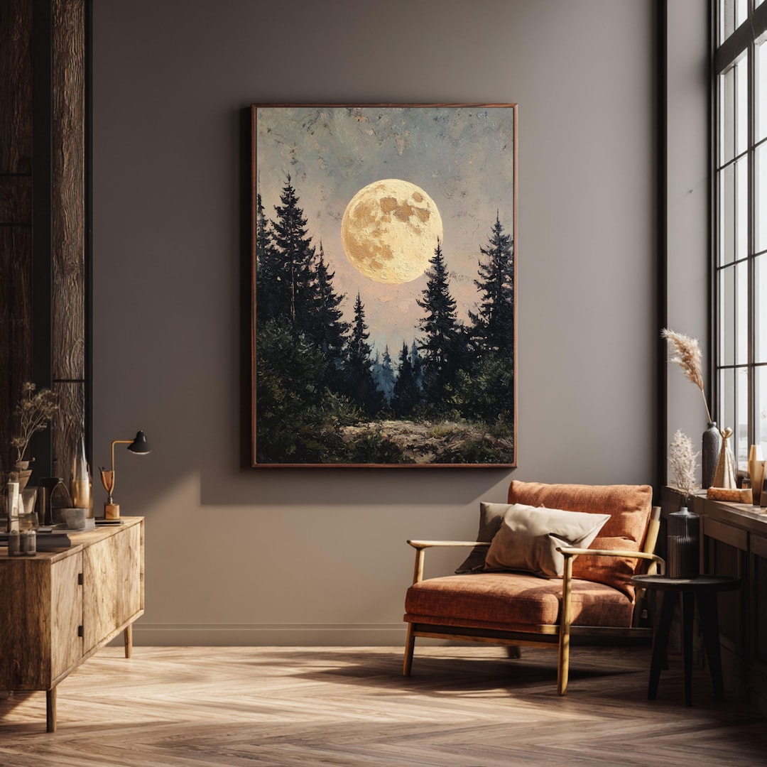 Full Moon Forest Painting, Vintage Night Sky Art Print, Moody Pine Tree ...
