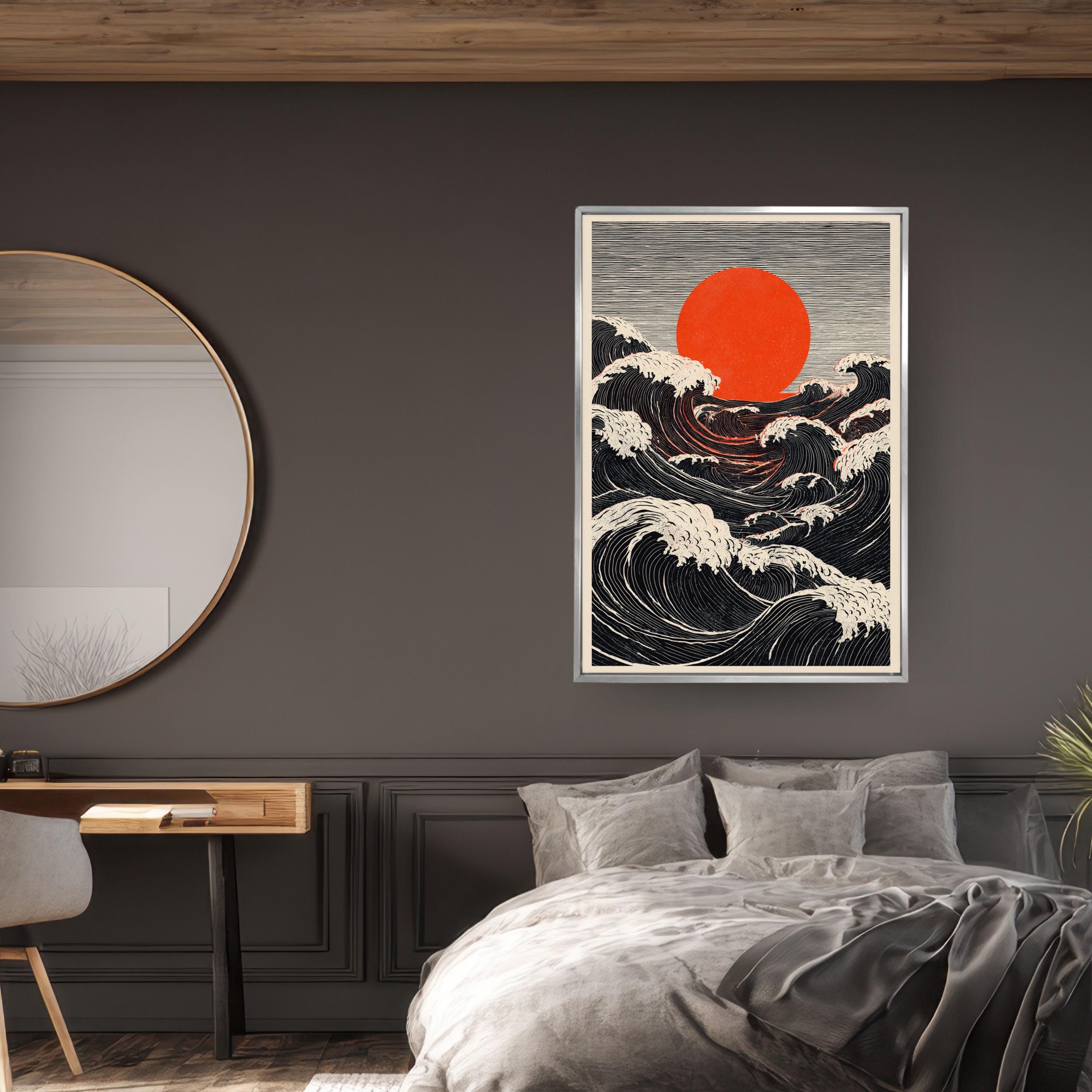 Bold Japanese Woodblock Print, Red Sun and Black Waves, Ukiyo-e