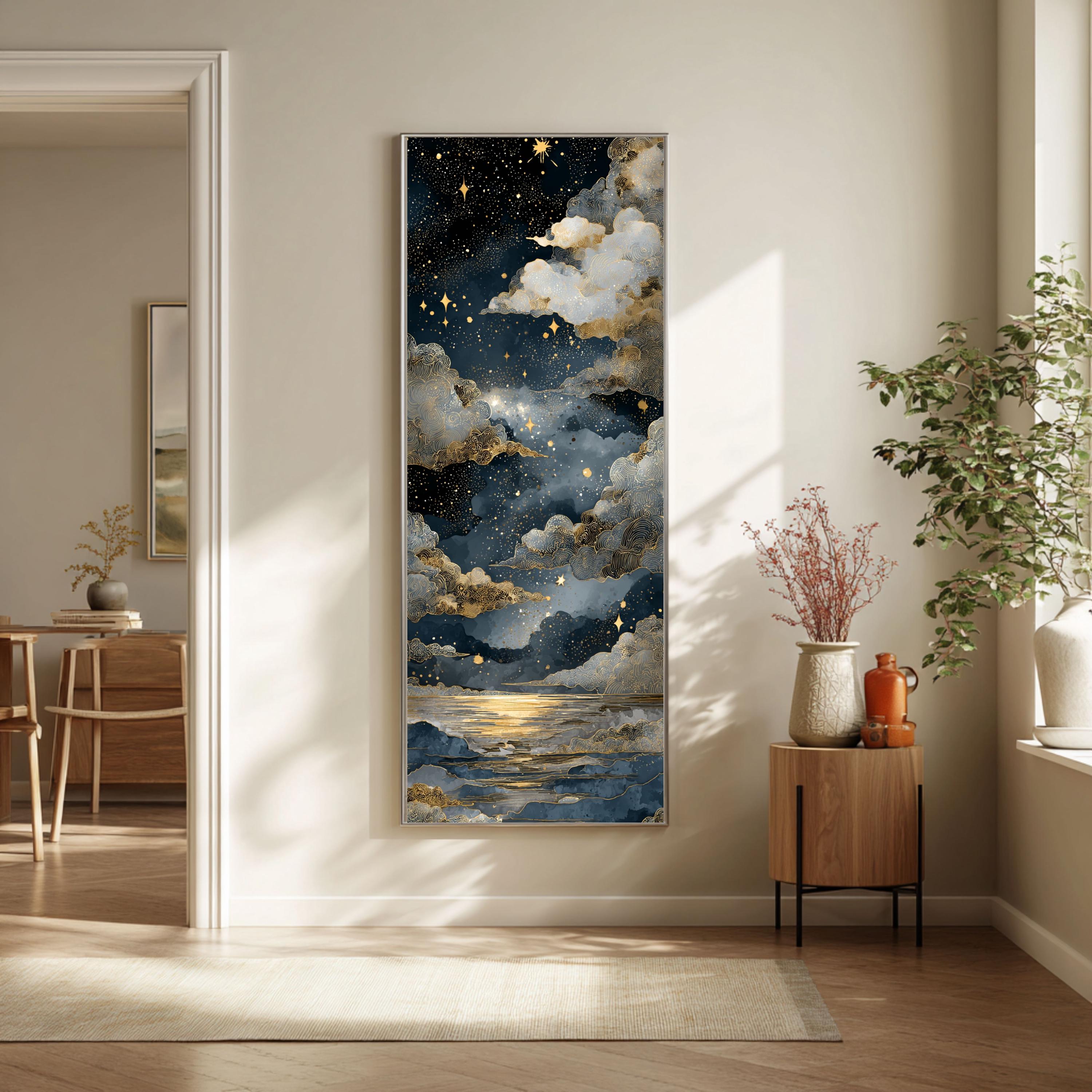 Luxury Gold Starry Night Canvas Print, Blue Celestial Clouds Art ...