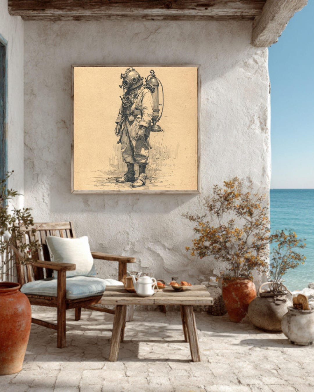 Vintage Deep Sea Diver Art: Minimalist Nautical Poster, Canvas or ...
