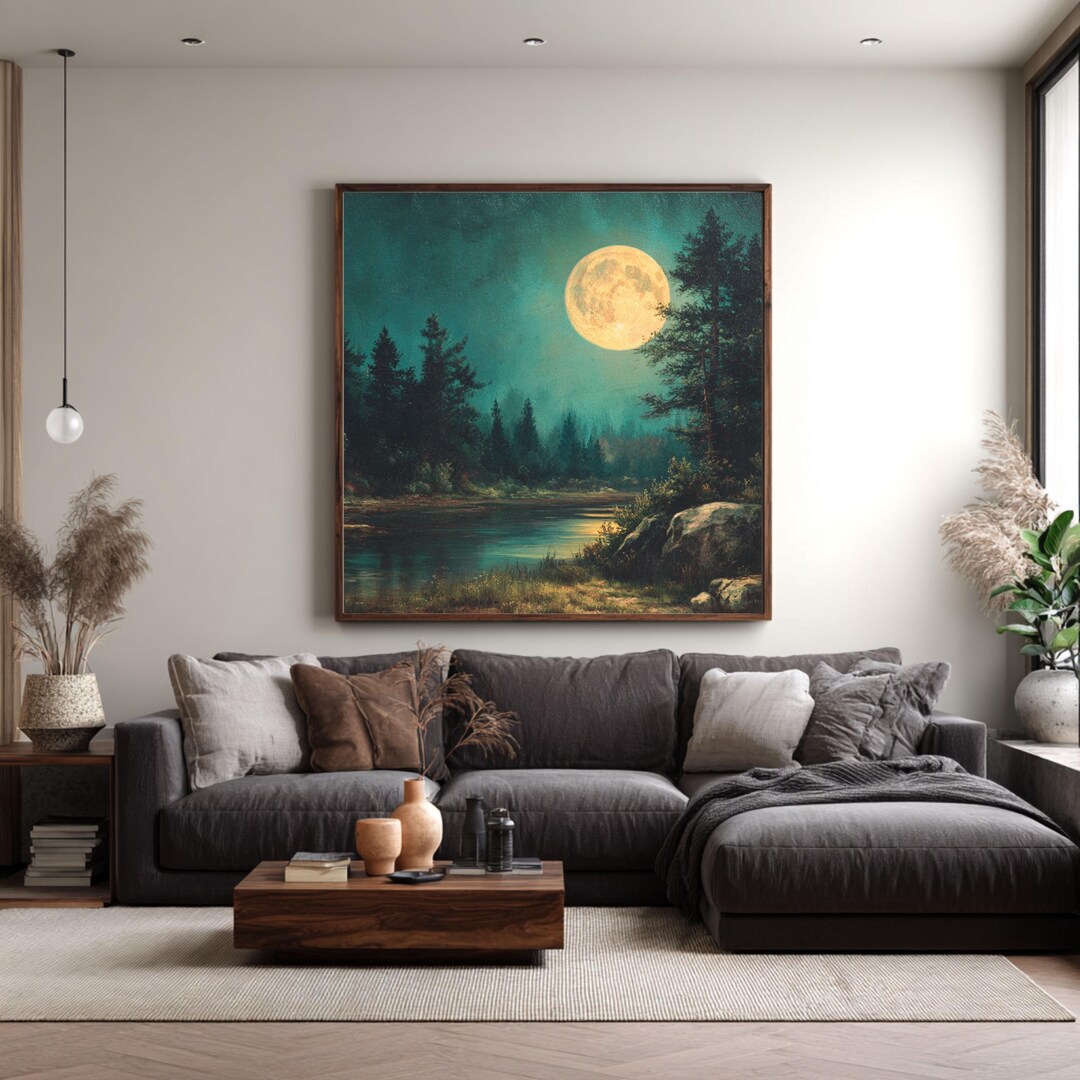Vintage Full Moon Oil Painting Canvas, Dark Forest Night Sky Art ...