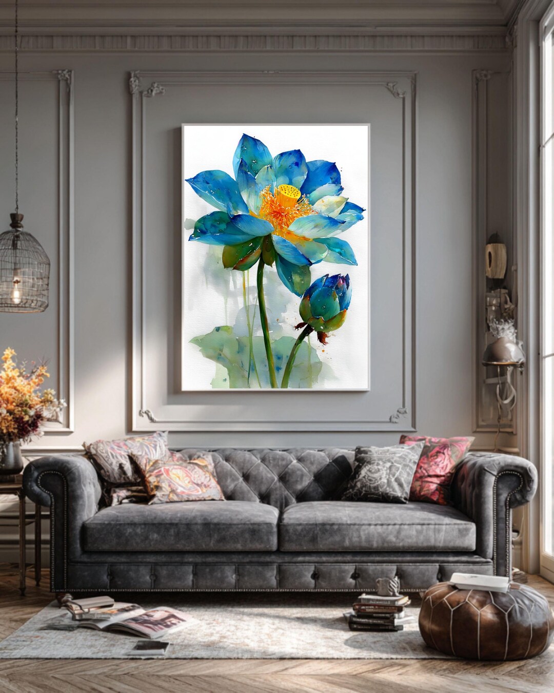 Blue Green Lotus Watercolor Print: Minimalist Botanical Wall Art - Etsy