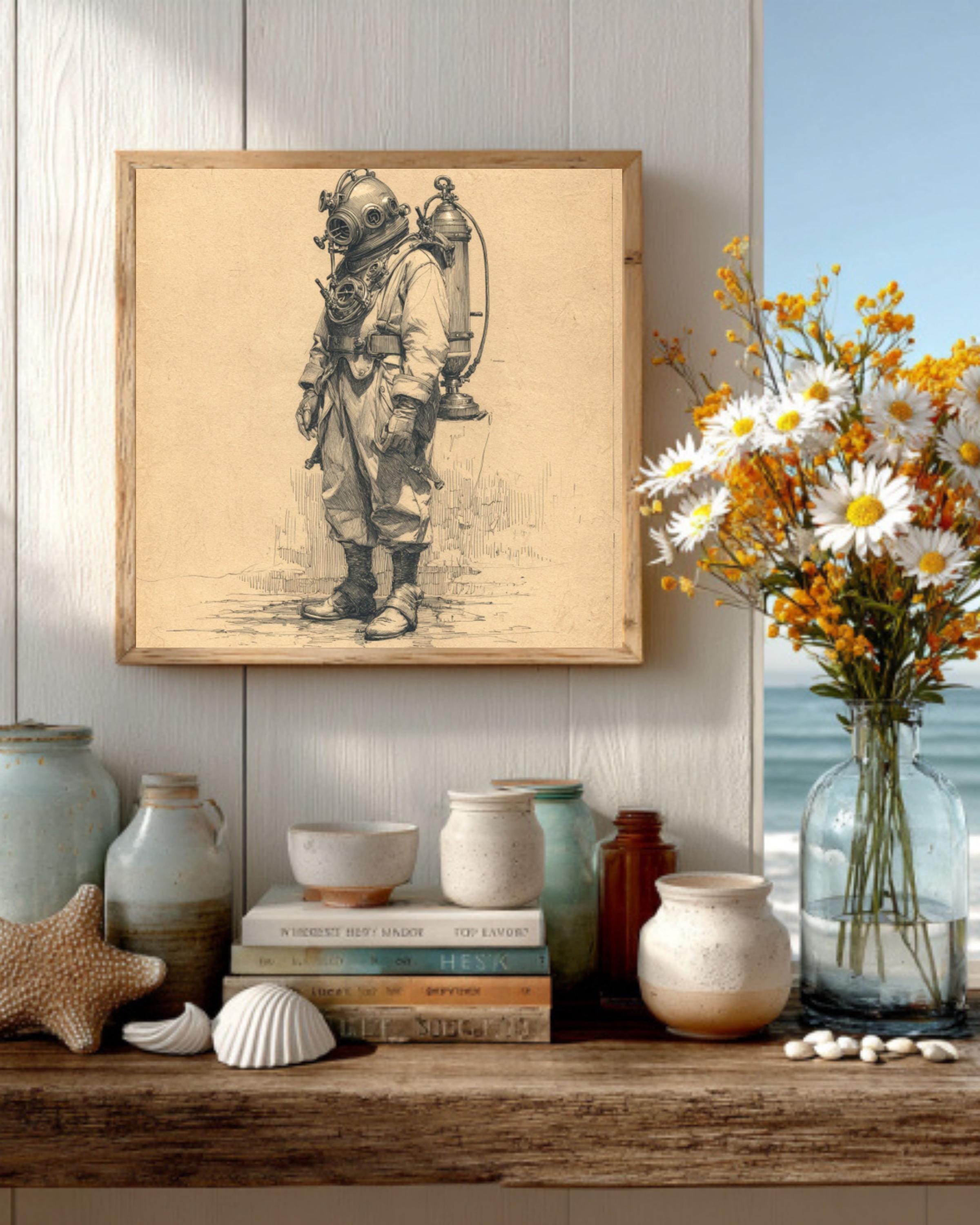 Vintage Deep Sea Diver Art: Minimalist Nautical Poster, Canvas or ...