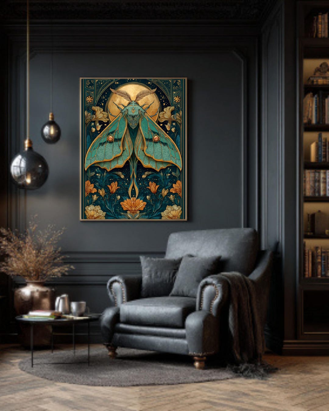 Art Nouveau Moth Poster: Green & Gold Celestial Insect Print - Etsy