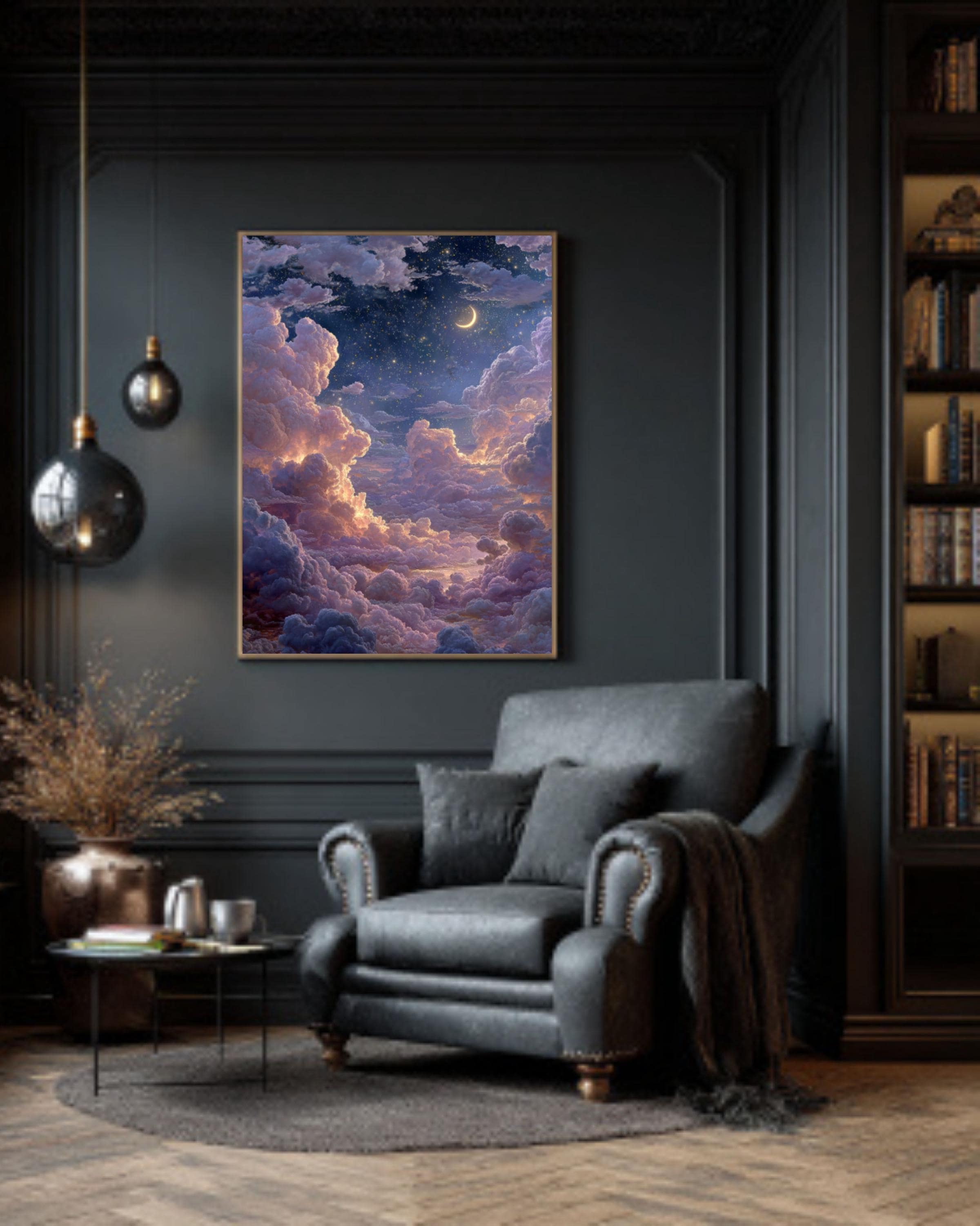 月明かりに照らされたファンタジーな空のアート：三日月、雲、星