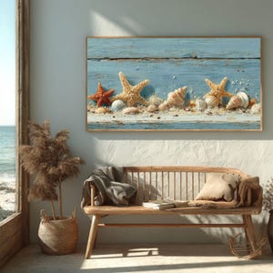 Coastal Beach Wall Art – Starfish, Shells & Sand Beige Wood Planks, Light Blue Nautical Canvas or Framed Canvas
