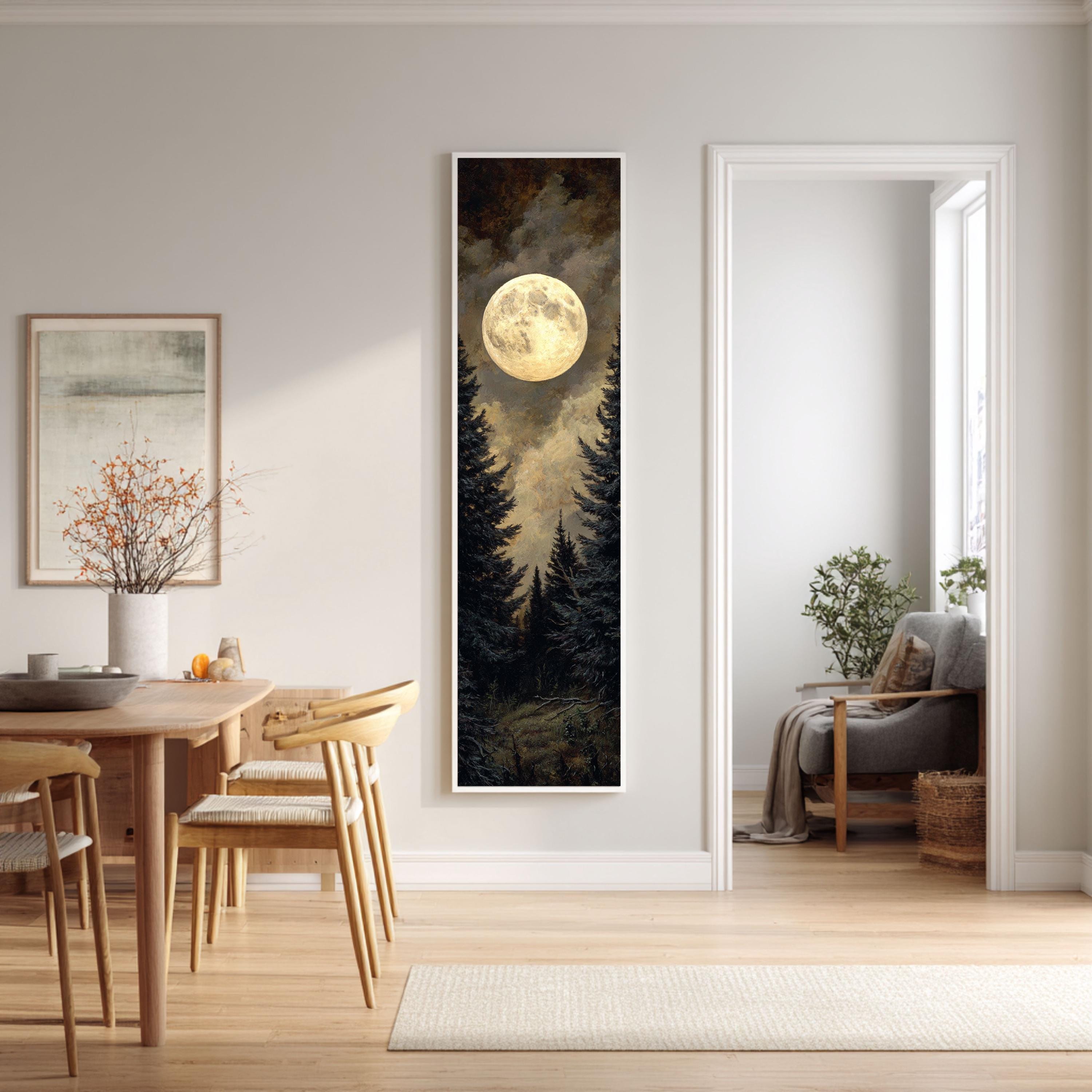 Vintage Full Moon Canvas Print, Dark Pine Forest Painting, Moody ...