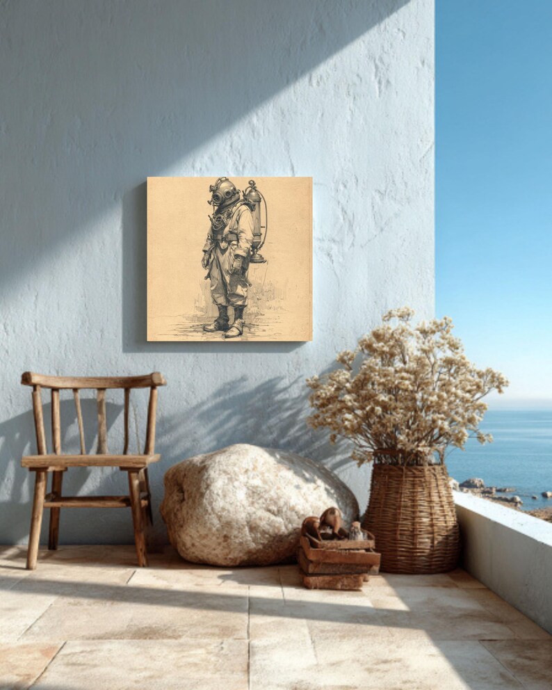 Vintage Deep Sea Diver Art: Minimalist Nautical Poster, Canvas or ...