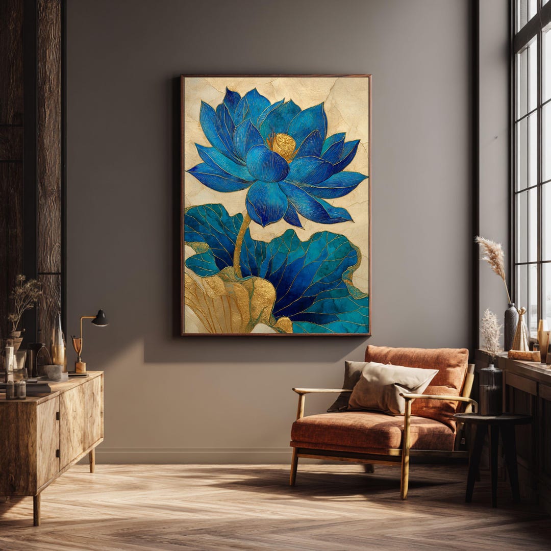 Blue Lotus Flower Canvas Art | Teal & Gold Abstract Asian Floral Print ...