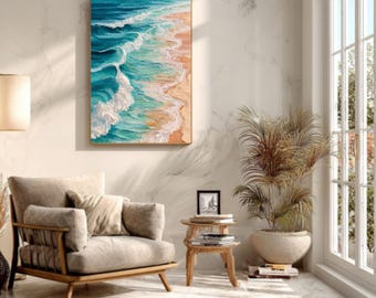 May include: A framed artwork depicts a coastal scene with turquoise waves crashing onto a sandy beach. The painting, with visible brushstrokes, is set in a room with a neutral color palette, including a beige armchair and marble flooring.