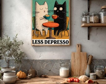 MEHR Espresso Less Depresso Katze Leinwanddruck - Kaffee-Poster im Vintage-Stil