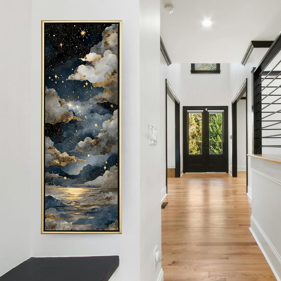 Luxury Gold Starry Night Canvas Print, Blue Celestial Clouds Art ...