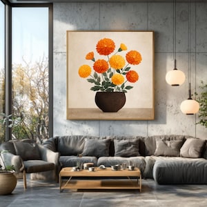 May include: A framed floral print featuring a dark brown vase filled with orange and yellow flowers. The artwork is displayed on a neutral background, with a wooden frame. The image is set in a modern living room with gray furniture.