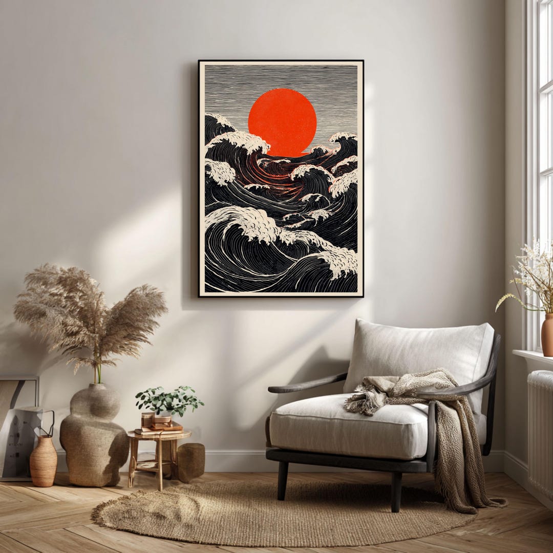 Bold Japanese Woodblock Print, Red Sun and Black Waves, Ukiyo-e