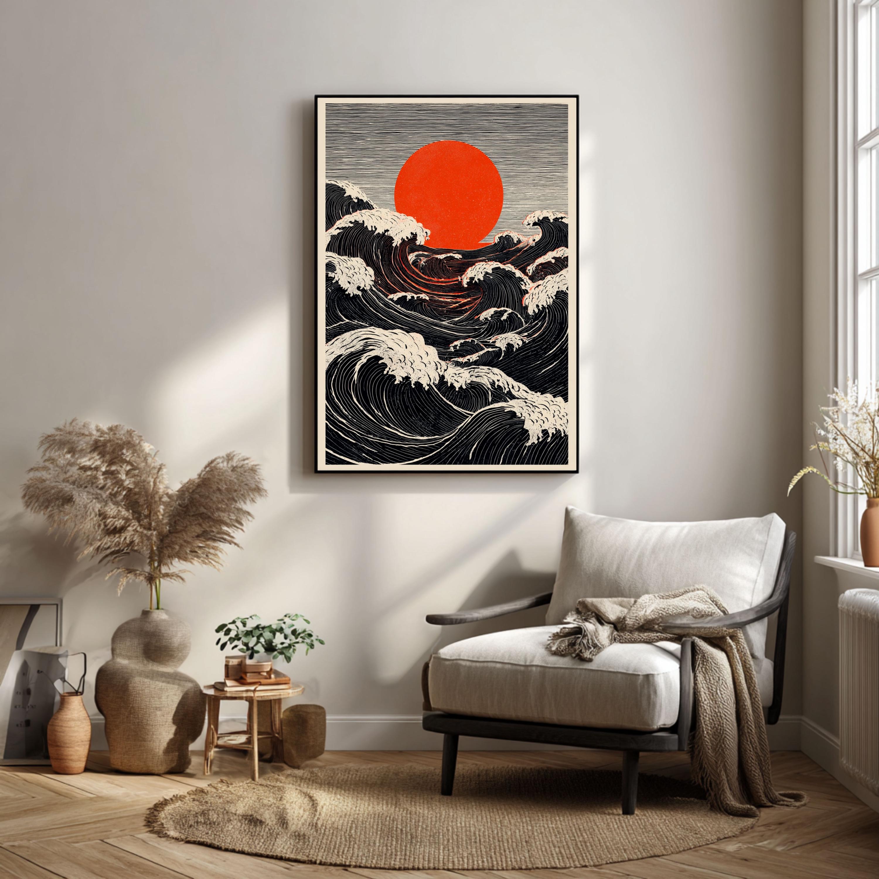 Bold Japanese Woodblock Print, Red Sun and Black Waves, Ukiyo-e