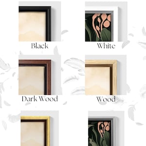 May include: Image displaying framed art in black, white, dark wood, wood, gold, and silver. Each frame surrounds a different artwork, including a landscape and botanical print. The text "Frame Colors" is at the top.