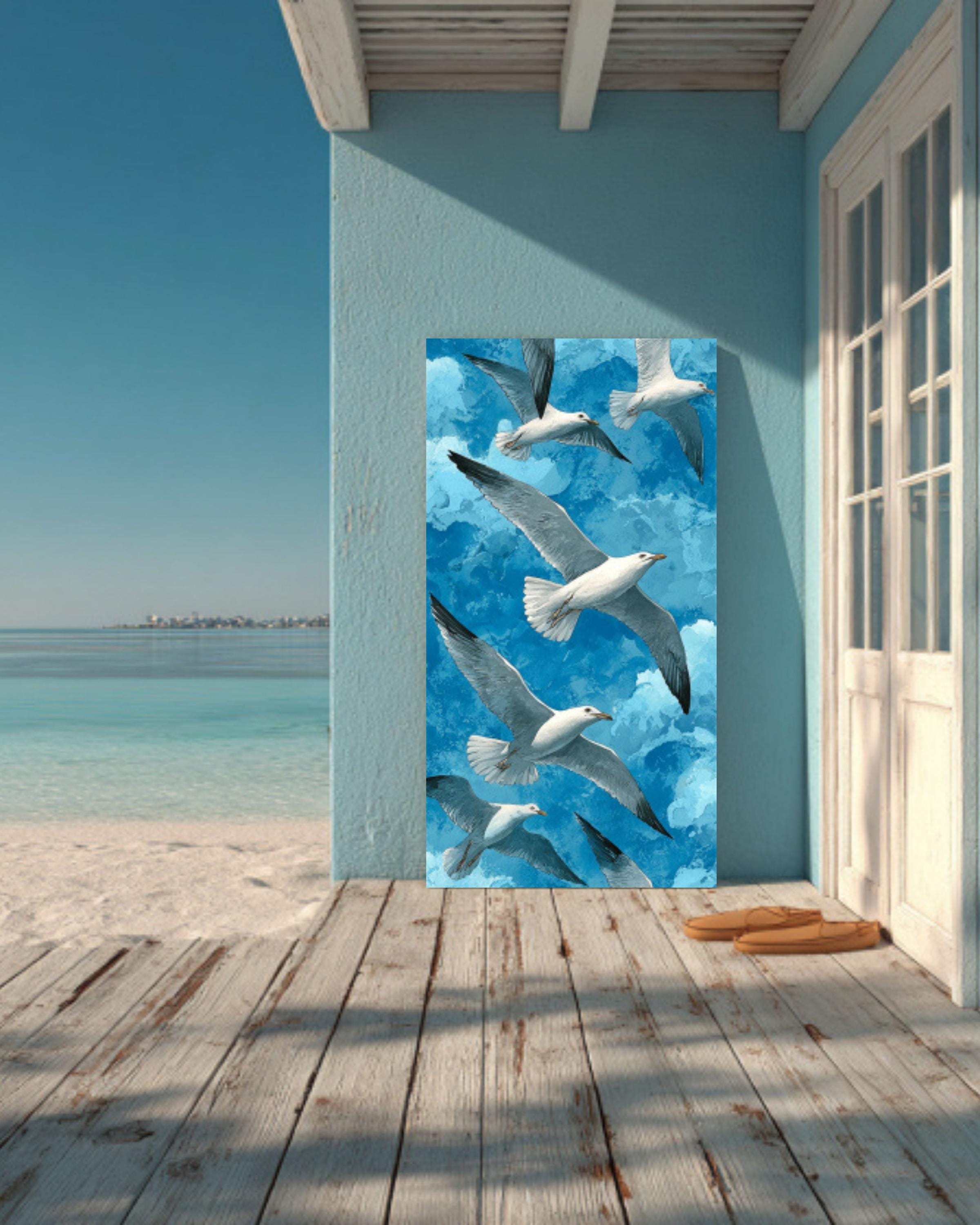 Seagulls Watercolor Art Print: Coastal Sky Blue Canvas or Framed Decor ...