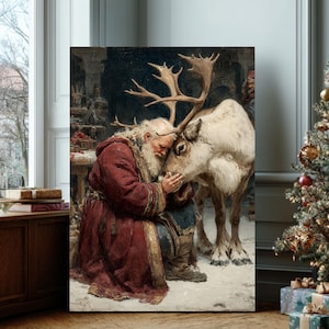 Santa with Reindeer Canvas – Heartwarming Christmas Oil Painting, Holiday Scene Wall Art, Framed Santa Claus & Reindeer Print