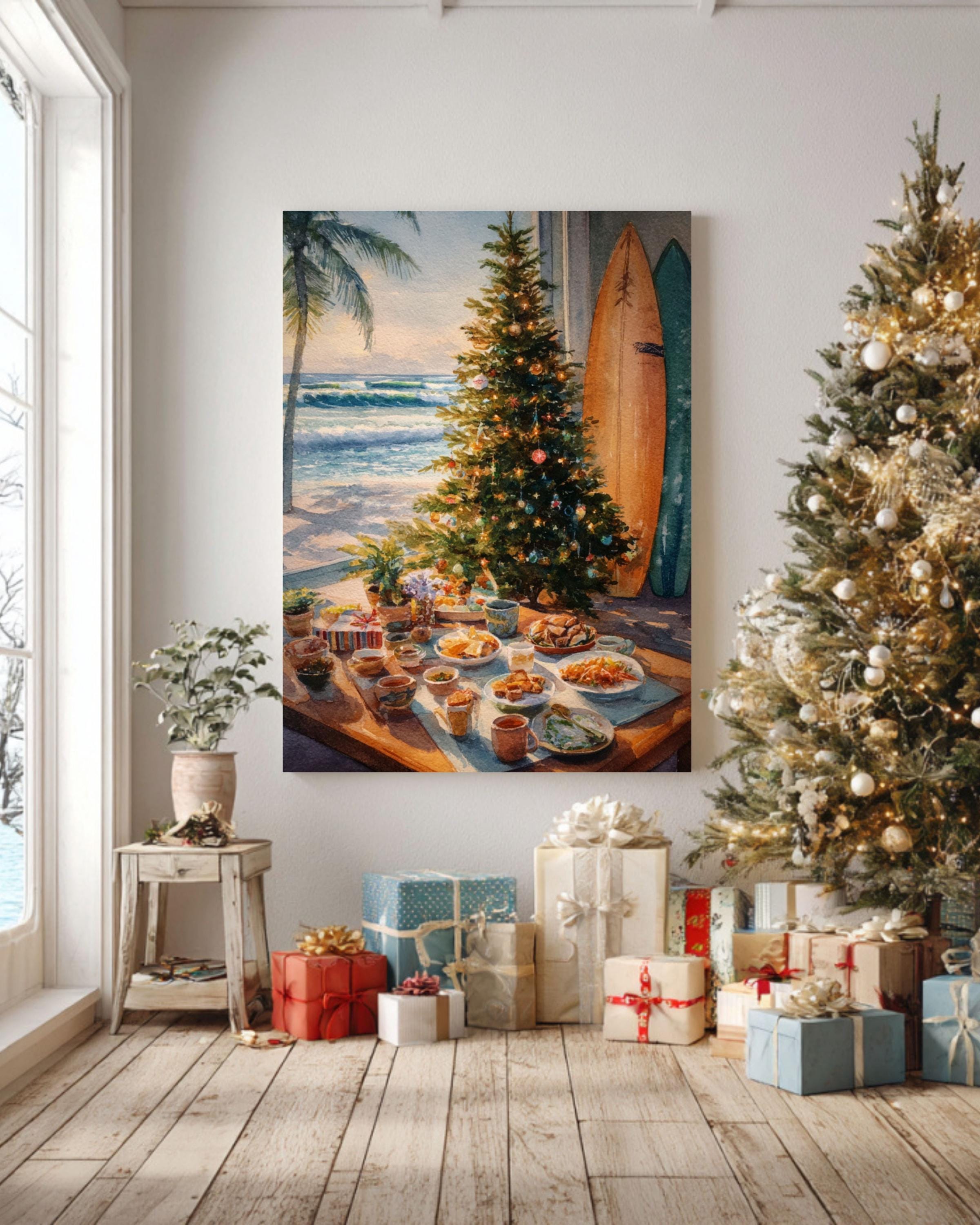 ハワイアンクリスマスビーチアート：サーフボードツリーの水彩画