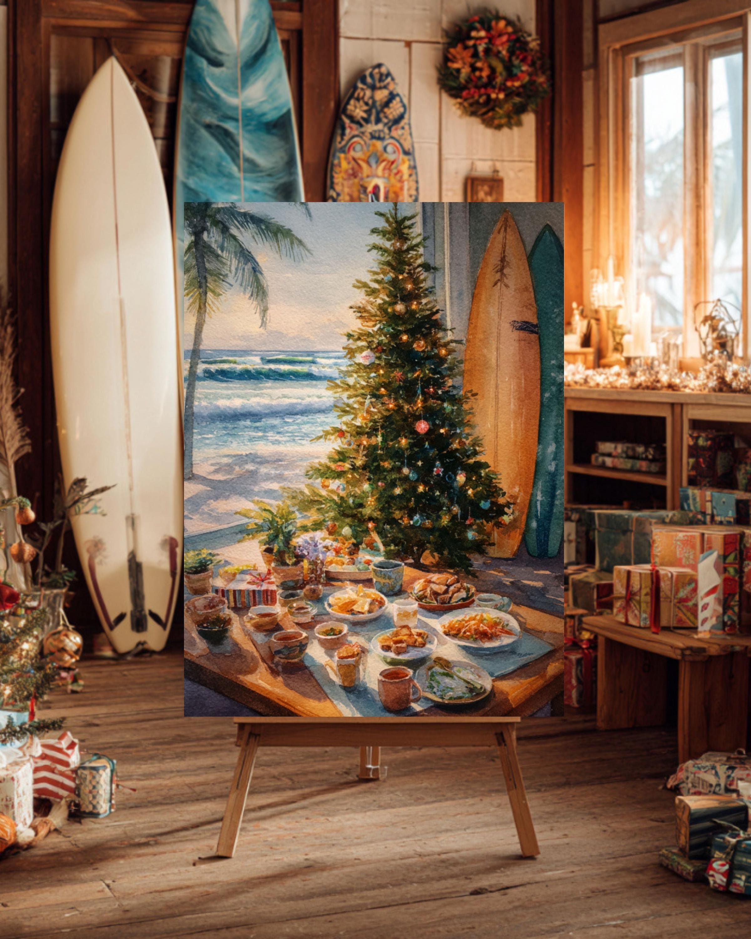 ハワイアンクリスマスビーチアート：サーフボードツリーの水彩画