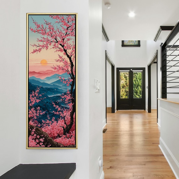 Pink Plum Blossom Mountain Print | Vibrant Japanese Landscape Canvas | Vertical Cherry Blossom Sunset Art | Asian Wall Scroll Style
