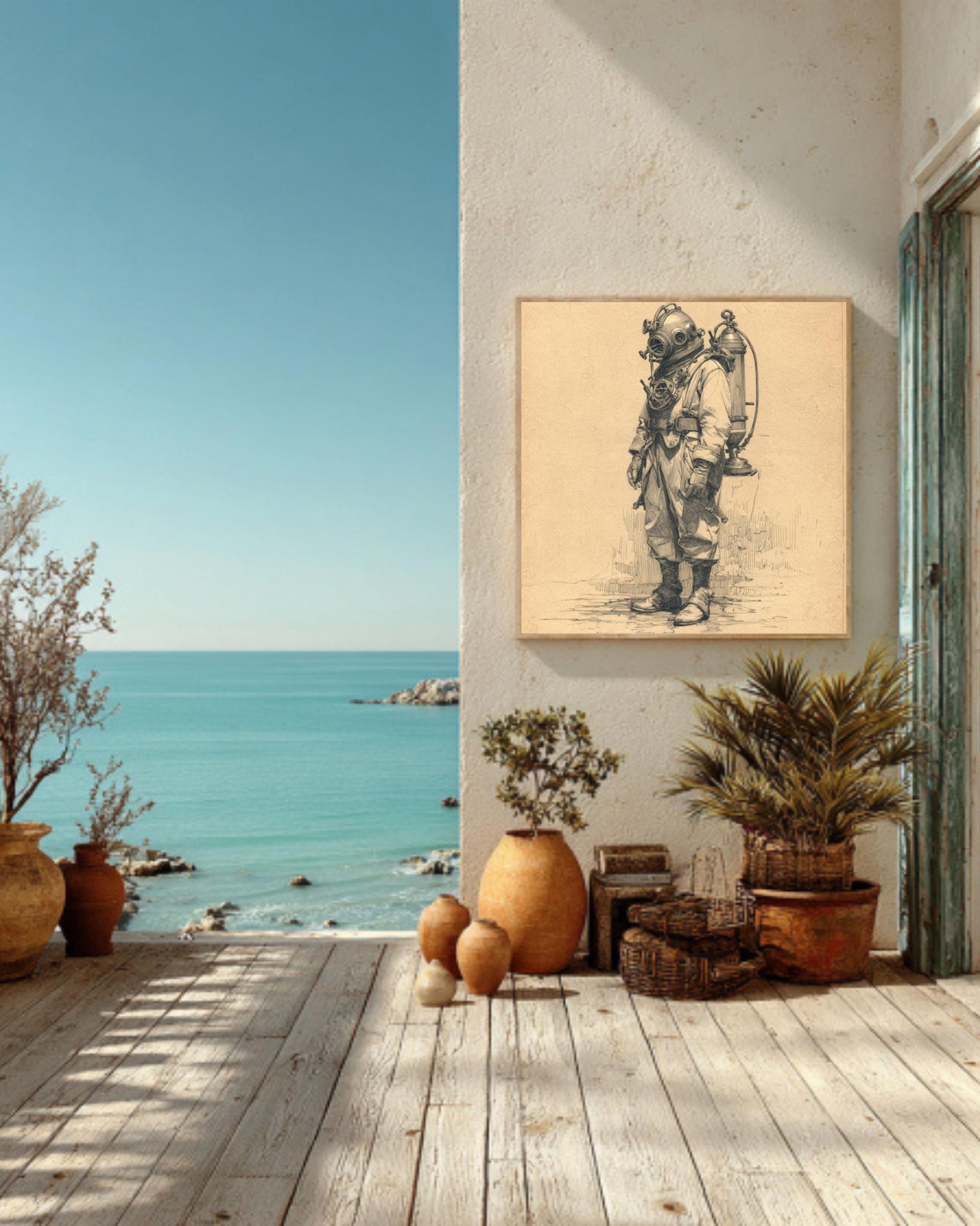 Vintage Deep Sea Diver Art: Minimalist Nautical Poster, Canvas or ...