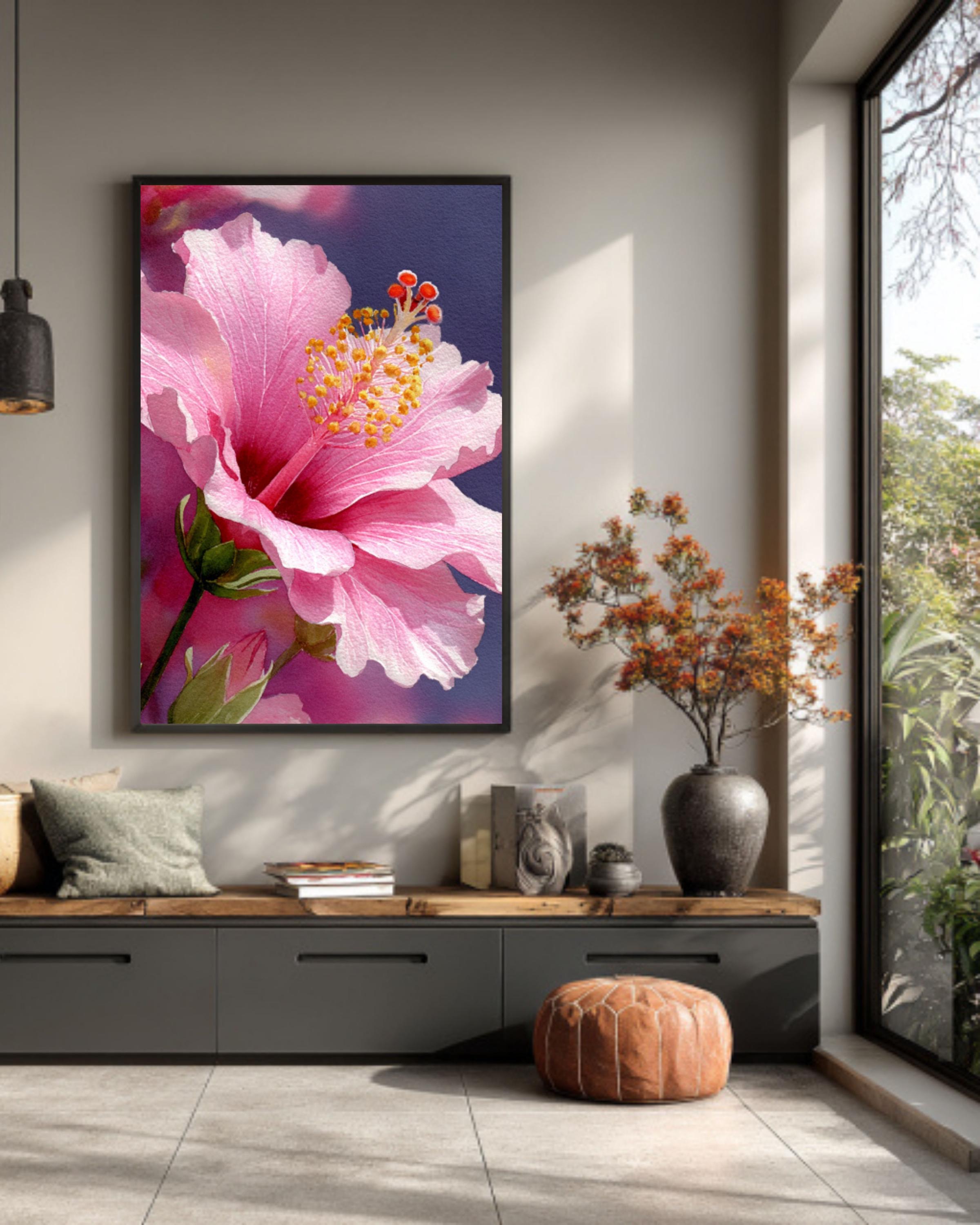 Pink Hibiscus Watercolor Art: Botanical Print, Canvas or Framed