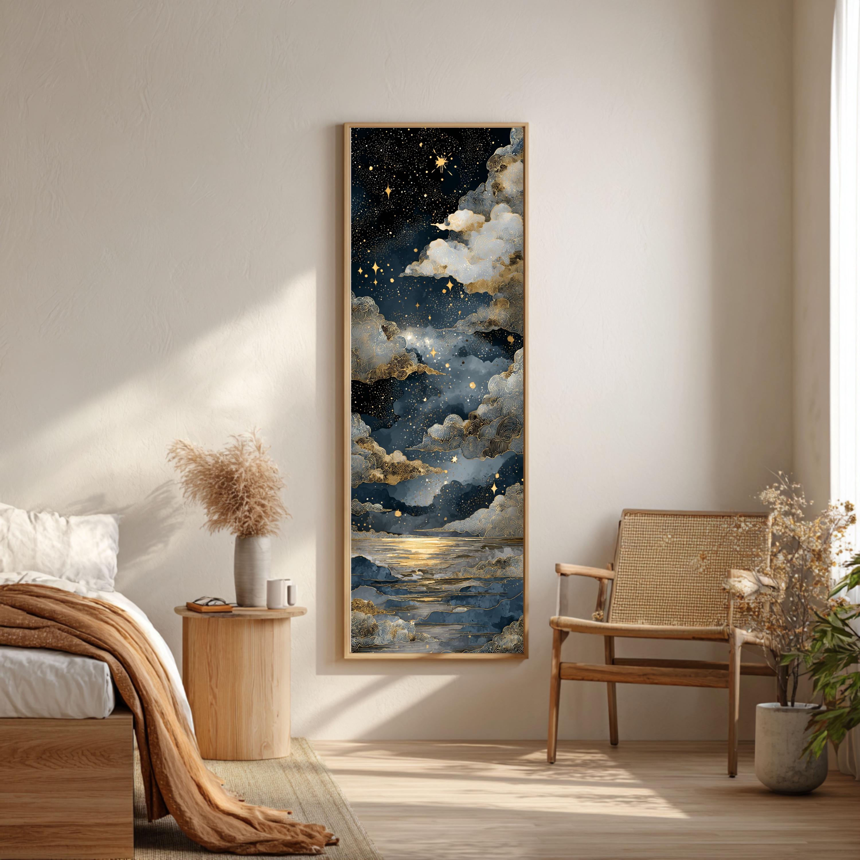 Luxury Gold Starry Night Canvas Print, Blue Celestial Clouds Art ...