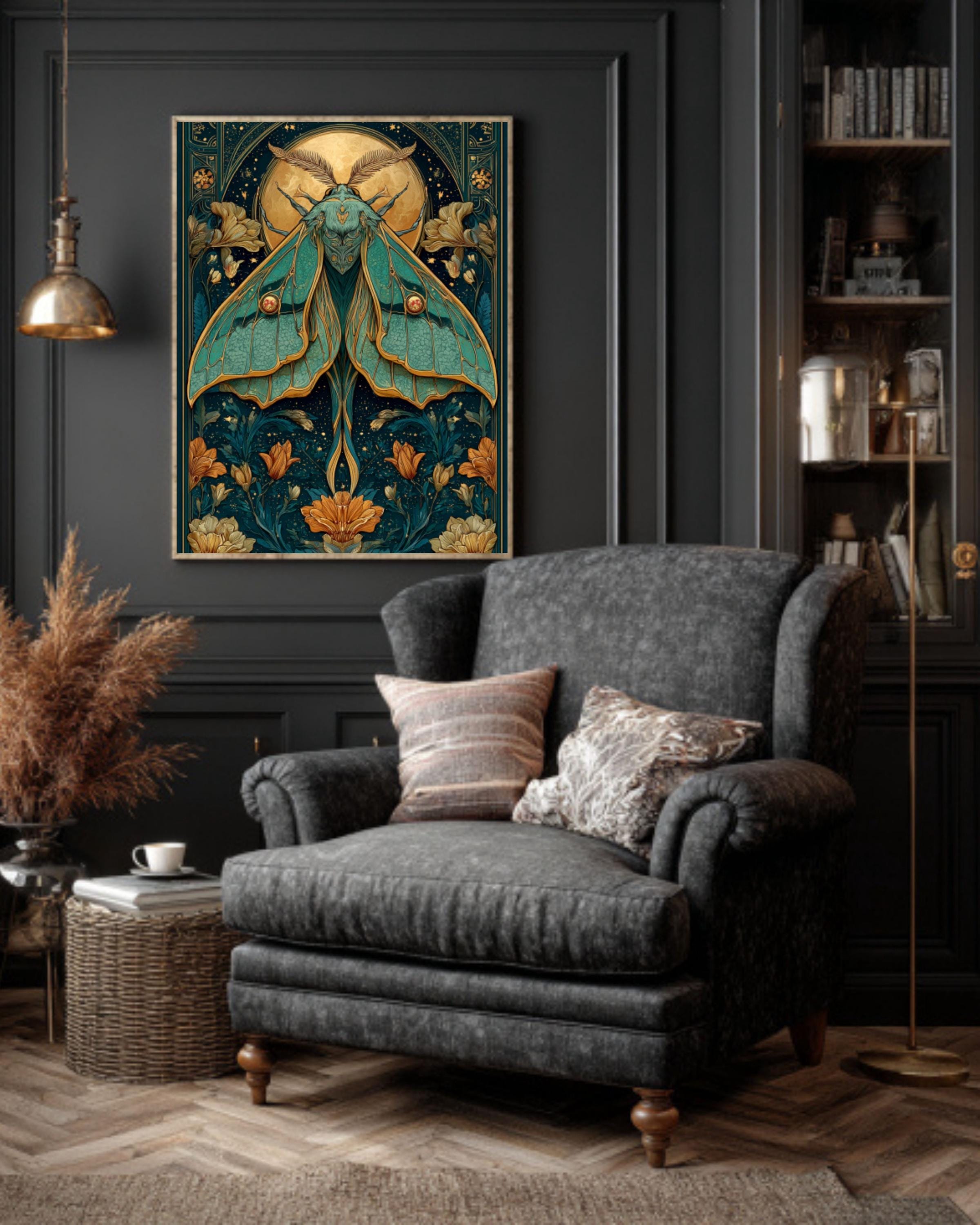Art Nouveau Moth Poster: Green & Gold Celestial Insect Print - Etsy