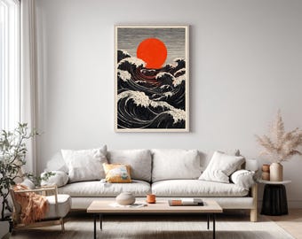 Bold Japanese Woodblock Print, Red Sun and Black Waves, Ukiyo-e
