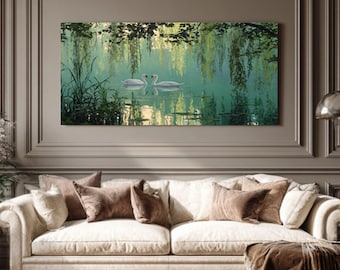 Swan Lake Canvas Art – Peaceful Willow Tree Scene, Framed or Unframed