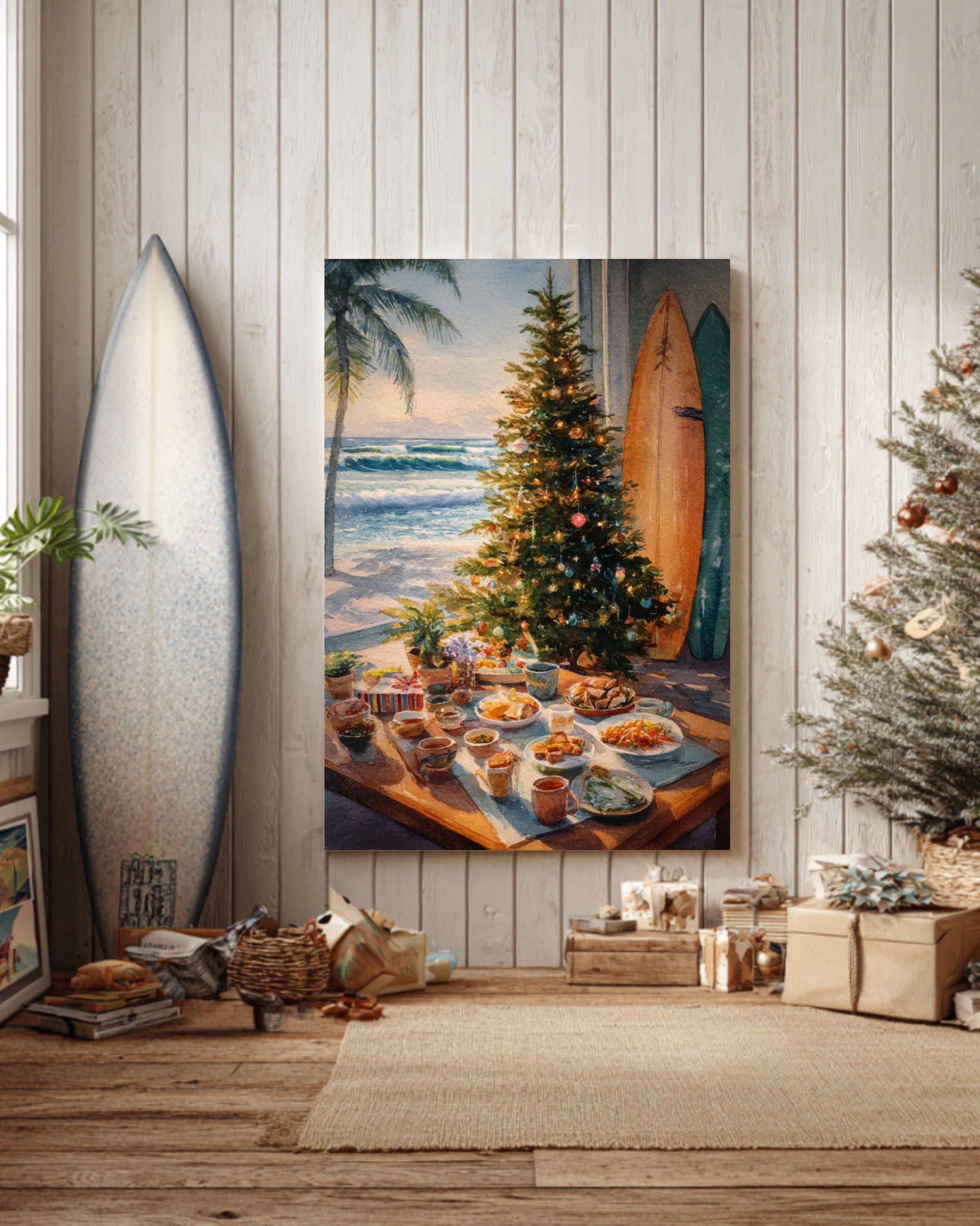ハワイアンクリスマスビーチアート：サーフボードツリーの水彩画