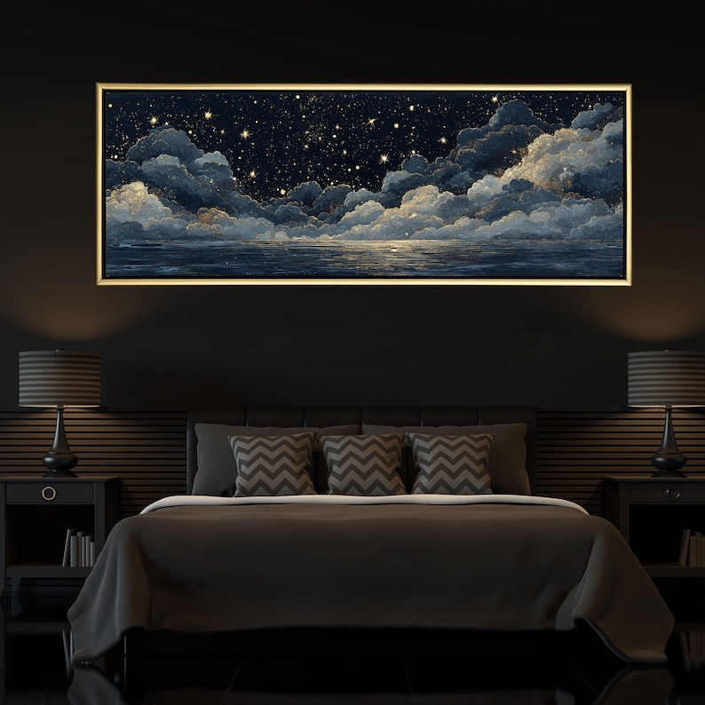 Starry Night Sky Panorama Canvas Print | Enamored Gold Clouds Ocean ...