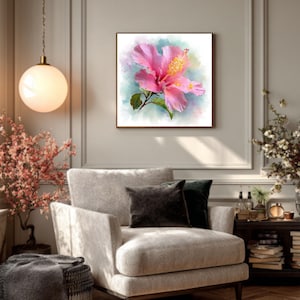 Pink Hibiscus Watercolor Art Print: Yvonne Coomber Style Floral