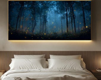 Toile d'art forêt de lucioles : scène de nuit mystique dans les bois