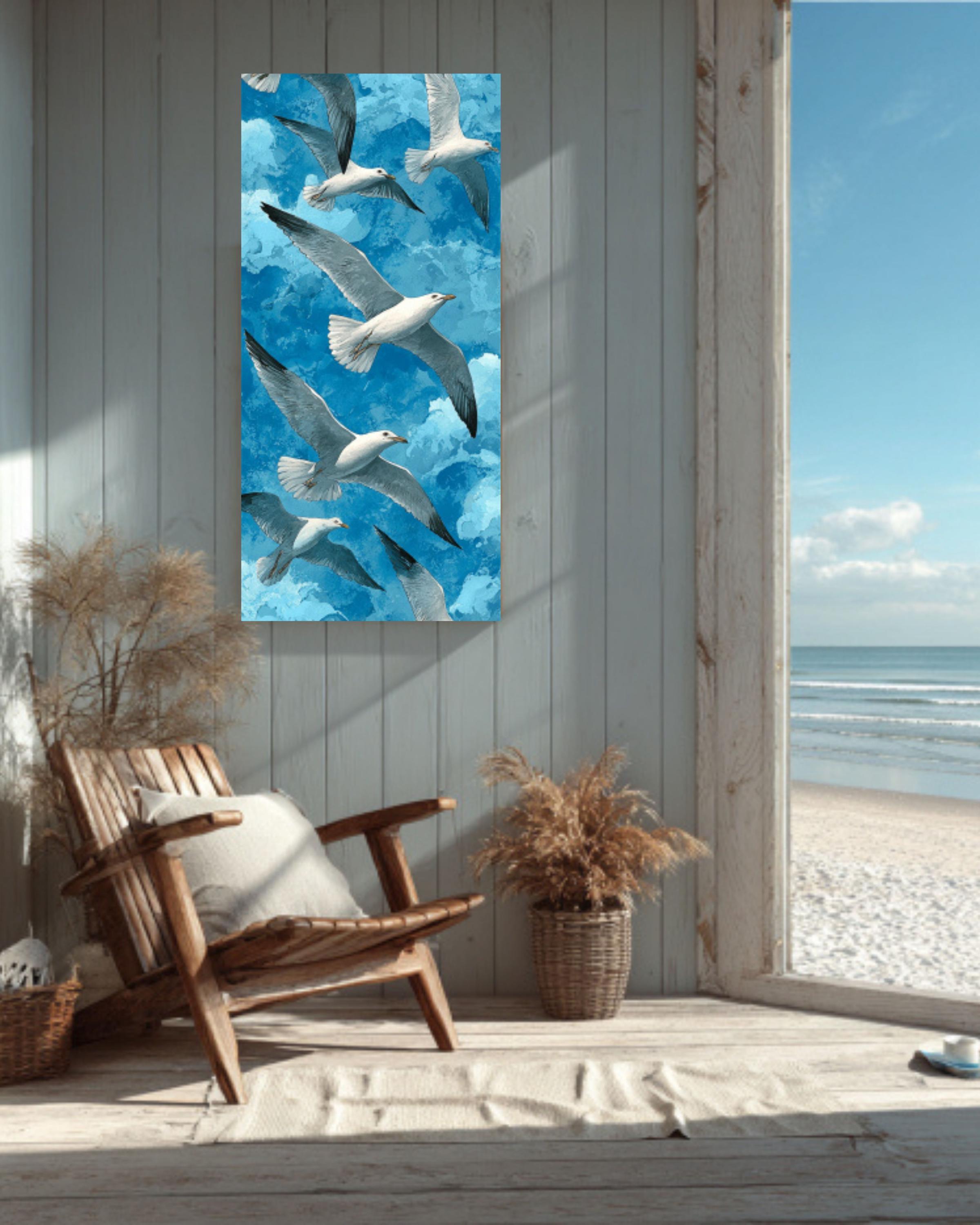 Seagulls Watercolor Art Print: Coastal Sky Blue Canvas or Framed Decor ...