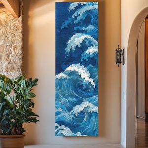 Japanese Style Ocean Art – Aerial Blue Wave Watercolor Print, Tranquil Sea Painting, Navy Coastal Wall Decor Canvas Poster, Sea Waves Art
