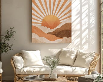 Stampa Retro Raggi di Sole: Quadro minimalista con Sole Nascente Beige