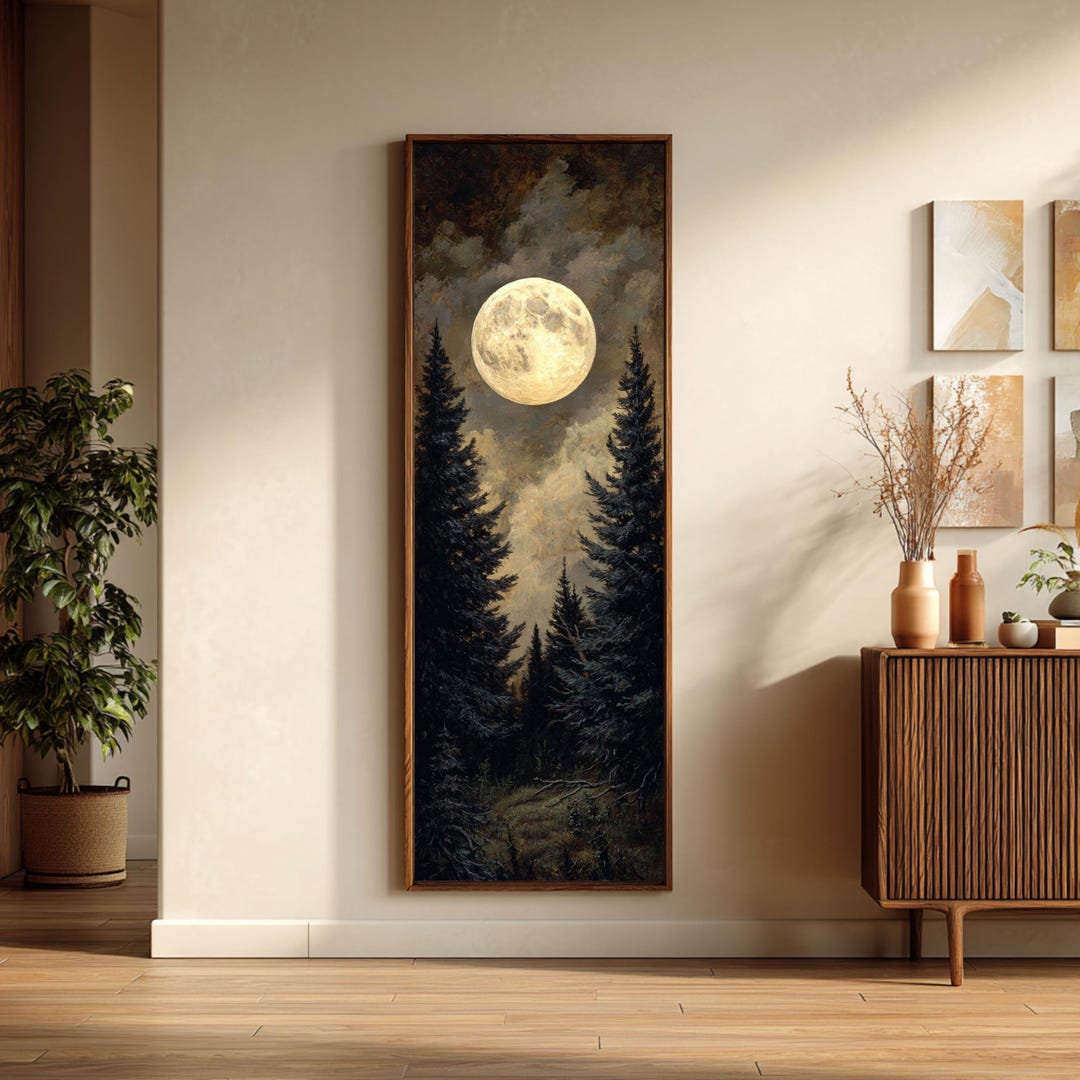 Vintage Full Moon Canvas Print, Dark Pine Forest Painting, Moody ...