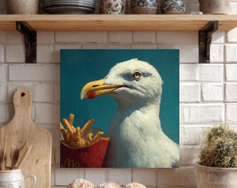Seagull Eating Fries Art – Cinematic Coastal Wall Decor