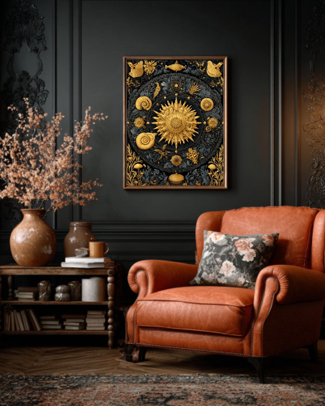 Gold and Black Celestial Art Print – Symmetrical Linocut, Stars and ...