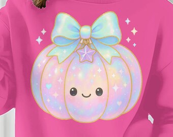 Pastel Pumpkin Holographic PNG, Cute Kawaii Pumpkin Halloween Clipart with Coquette Bow, Fall Sublimation, Iridescent Digital Download