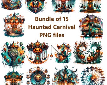 Haunted Carnival PNG Bundle | 15 Creepy Watercolor Clipart Designs | Halloween Sublimation Set | Roller Coaster, Fortune Teller, Food Truck