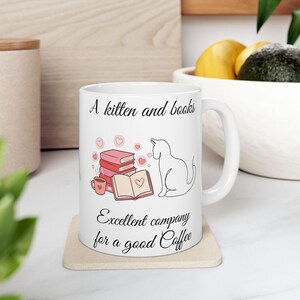 Kitten Reading Books Coffee Mug | Cute Stack of Books, Bookworm Gift Cup, Cozy Reading Vibes, Morning Coffee Mug, Minimalist Cat Mom Mug,