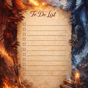 May include: Fantasy-themed To Do List notepad featuring a red dragon breathing fire and a blue dragon. The notepad has a sword, treasure, books, and a candle. The words "To Do List" are at the top.