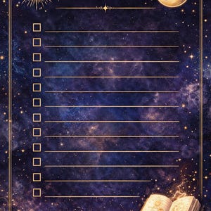 May include: A celestial-themed To Do List notepad with a starry night background. The design includes a sun and moon illustration, and an open book with glowing pages. The notepad has lines for writing and check boxes.
