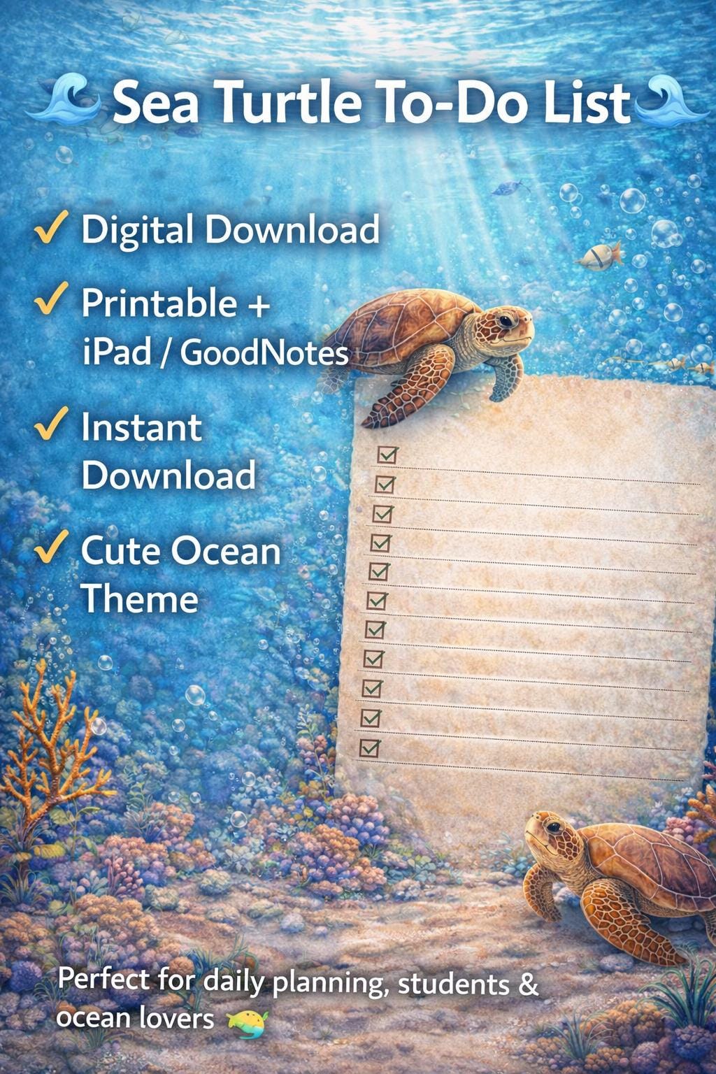 Ocean Turtle to Do List Printable | Cute Underwater Planner | Digital ...