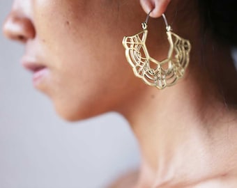 Geometric Hoop Earrings, Boho Jewelry, Hoop Earrings, Lace Earrings, Statement Jewelry, Brass Earrings, Gold Earrings, Floral Earrings